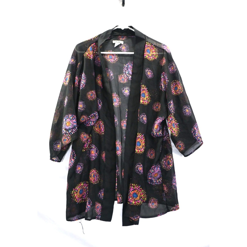 Mudd Sheer Kimono Cardigan Black Fireworks Print Open Front Boho Top Cover up